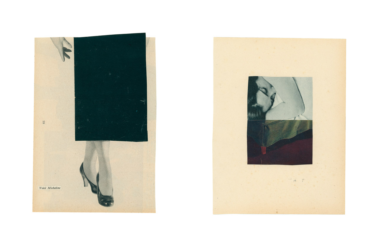 Corinne Deniel, Entrelacements, 2 Magazine Elle. Elle. Années 50 / années 60. Découpages. Images découpées, assemblées. Collage. Vintage. Pieds de femme. Jupe. Féminité. Féminin. Couleurs vintage. Diptyque. Papier ancien.