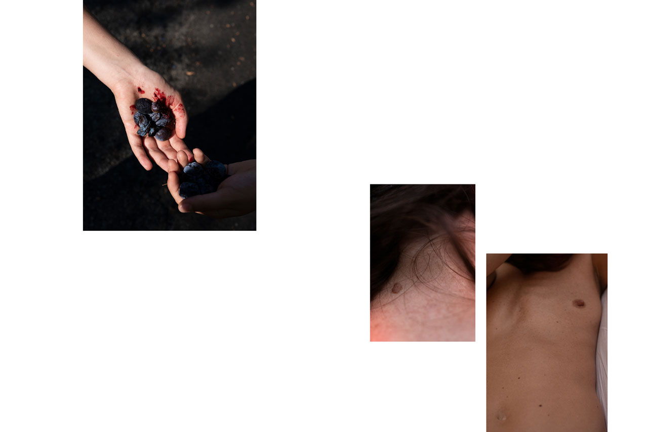 Corinne Deniel, Incessante finitude, 4 Offrande. Fruits murs. Nuque. Grain de beauté. Nudité. Androgyne. Sein.