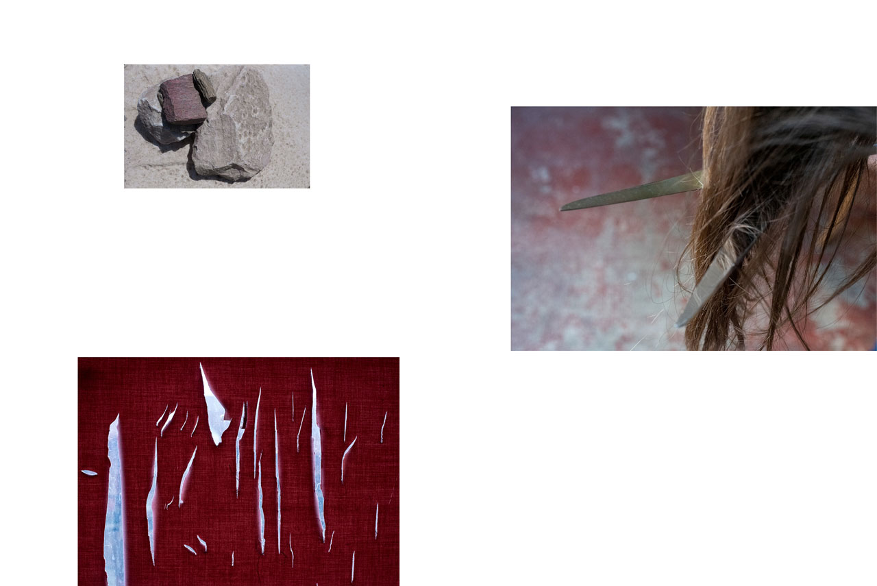 Corinne Deniel, Incessante finitude, 7 Pierres. Lapidation. Cheveux. Ciseau. Couper. Féminité. Violence. Déchirement. Rouge. Sang. Blessures.