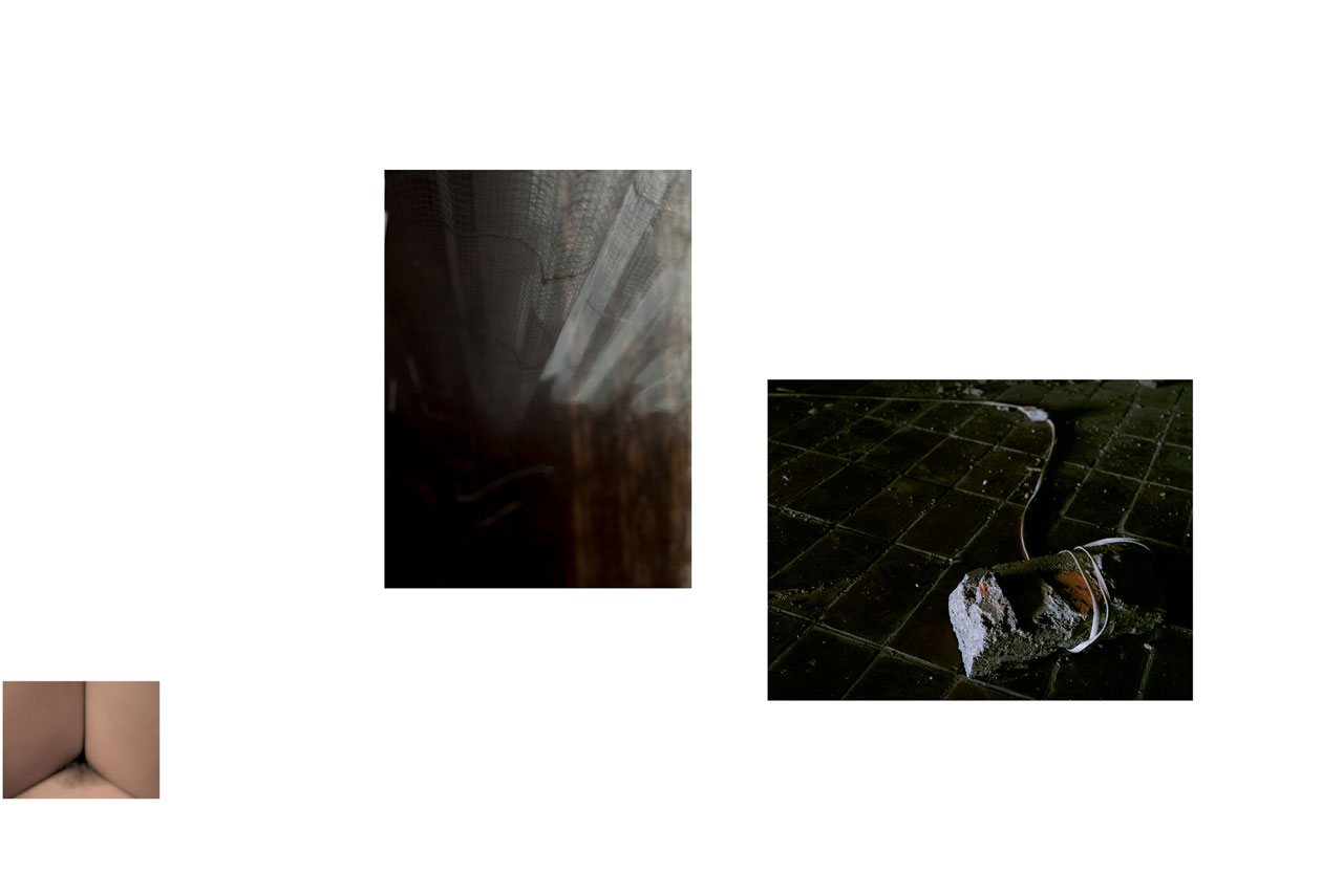 Corinne Deniel, Incessante finitude, 8 Entre-jambes. Nudité. Femme. Féminité. Intimité. Rideau. Intérieur. Chambre. Pierre. Attache. Corde. Prisonnière.