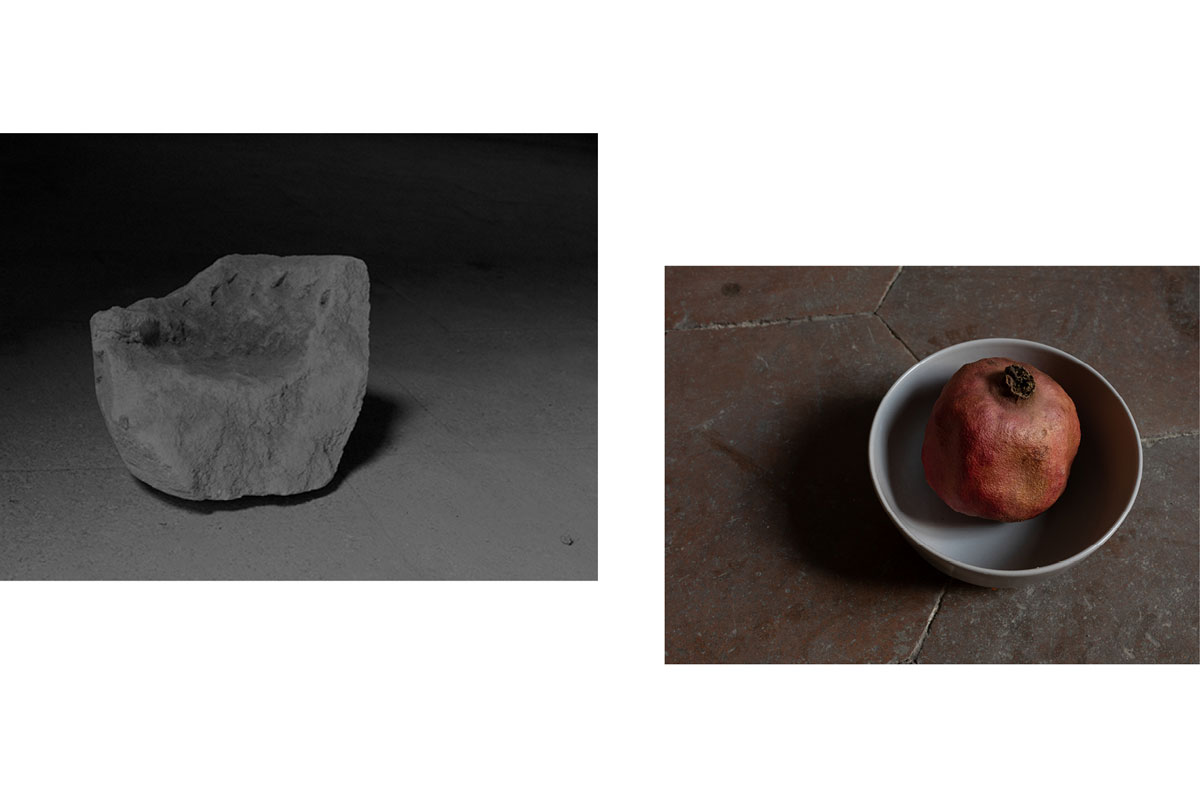 Fragment de pierre, coupe de fruit vieilli. Tout est calme, série d'images photographiques de Corinne Deniel.